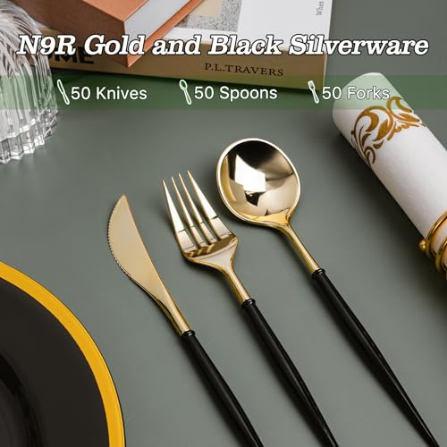 N9R Disposable Gold Plastic Silverware Set - Black Handles, 150PCS