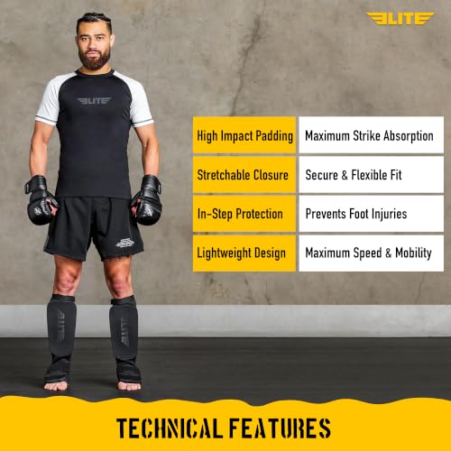 Elite Sports MMA Shin Pads with Instep Guard for Adults & Kids - All Black, L/XL