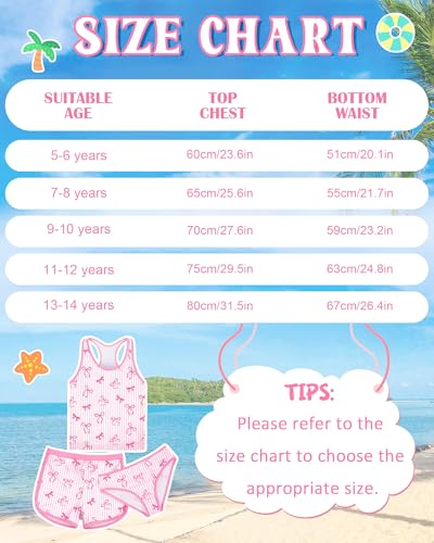Girls Tankini Swimsuit 3 Piece Bathing Suit Set Pink White Striped Bow Summer UPF 50+ Racerback