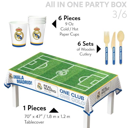 Real Madrid Soccer Team Party Supply Set - 77 Pieces for 6 Fans, White, Birthday & Match Day Decorations