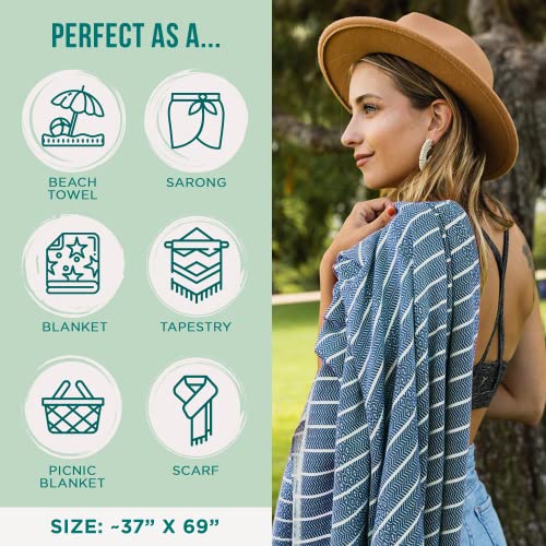 Sand Cloud Turkish Beach Towel - Sand Proof - 100% Certified Organic Turkish Towel - Quick Dry Towel for Beach, Picnic, Blanket or Bath Towel - As Seen on Shark Tank - Gocek (Denim)