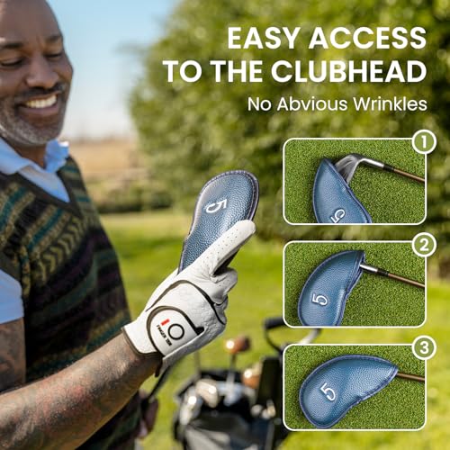 Golf Iron Head Covers Set - 1 Side Blue Synthetic Leather Protection