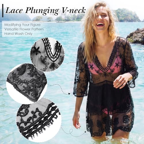 Cuffbow Black Boho Lace Cover Up for Women - V-Neck Beach Dress Vacation Swimwear