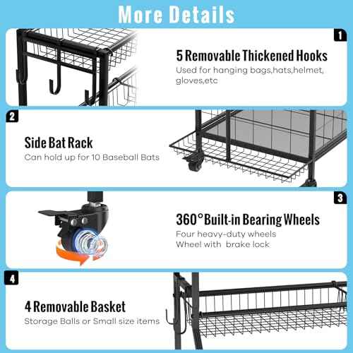 WUC Sports Equipment Garage Organizer - Garage Ball Storage Rack with Basket, Hooks and Rolling Cart for Sports Gear and Toy Storage, Black