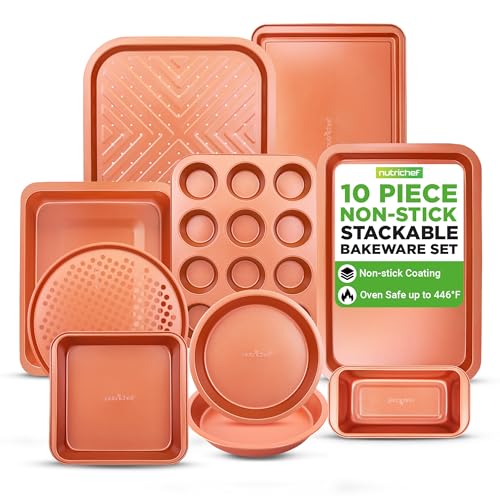 NutriChef 10-Piece Copper Bakeware Set - Non-Stick Oven Baking Pans