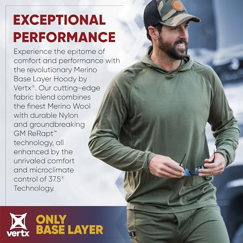 Vertx Mens Merino Wool Base Layer Hoody Pullover, Long Sleeve, Quick Dry, Outdoor Wear, Tactical Clothing