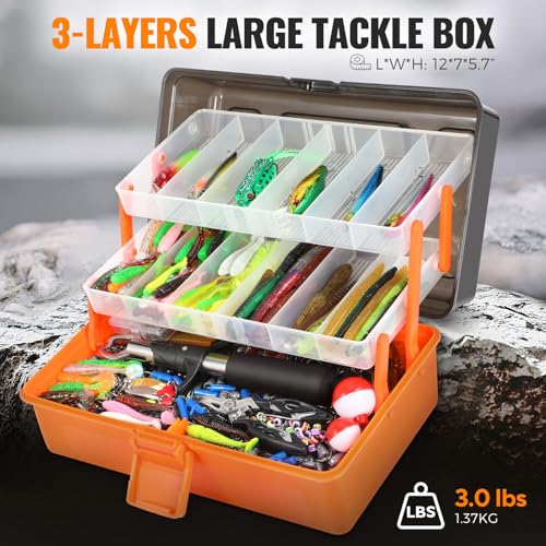 Large 3-Layer Fishing Tackle Box Kit with 415 Lures & Tackle Included
