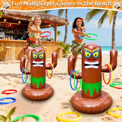 Inflatable Tiki Pool Ring Toss Game - 27 Inch Tropical Summer Party Toy with 4 Rings