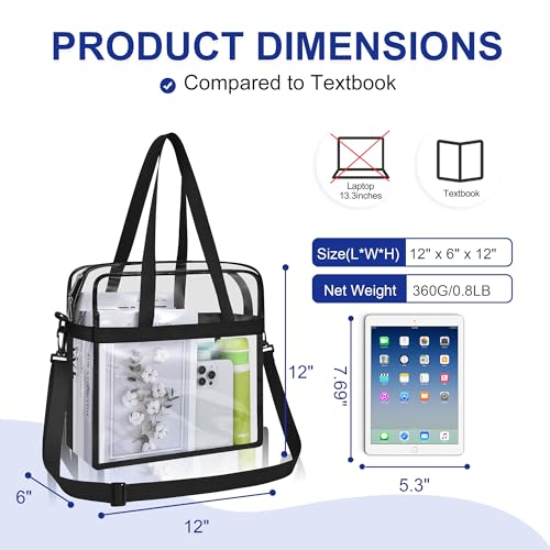 Oraben Clear Tote Bag Stadium Approved 12x6x12 with Black Main Pocket - Perfect for Sports Events and Work