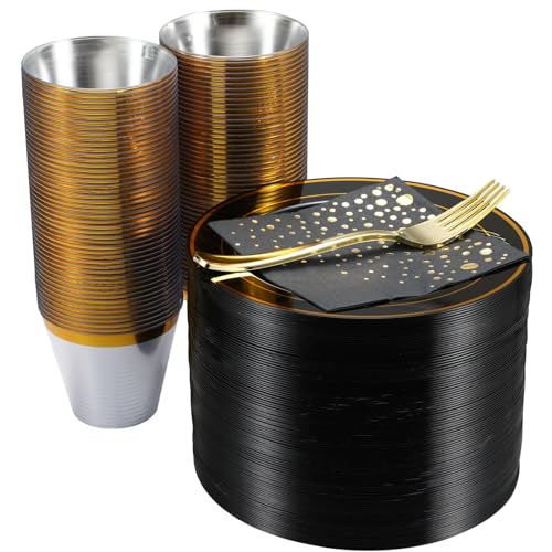 Black and Gold Dessert Plates Set with Cups, Forks, Napkins - 100 Pack - Variation: Black
