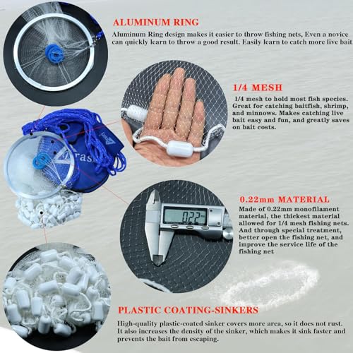 Drasry 6 FT Radius Cast Net with 1/4 Mesh and Lead Sinker for Saltwater and Freshwater Fishing