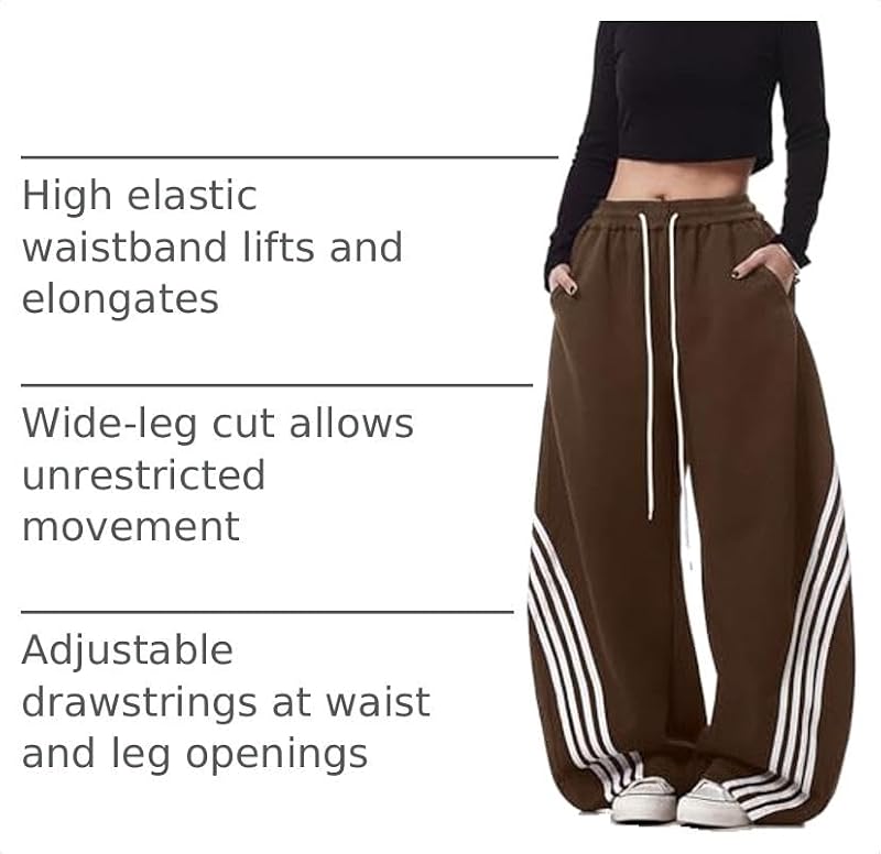 Emmiol Women’s Y2K Baggy Stripe Sweatpants - High Waist Wide Leg, Brown XX-Large