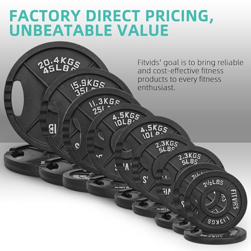 Fitvids 2-Inch Olympic ?Rubber Coated Cast Iron Plate Weight Plate for Strength Training and Weightlifting, Multiple Sizes