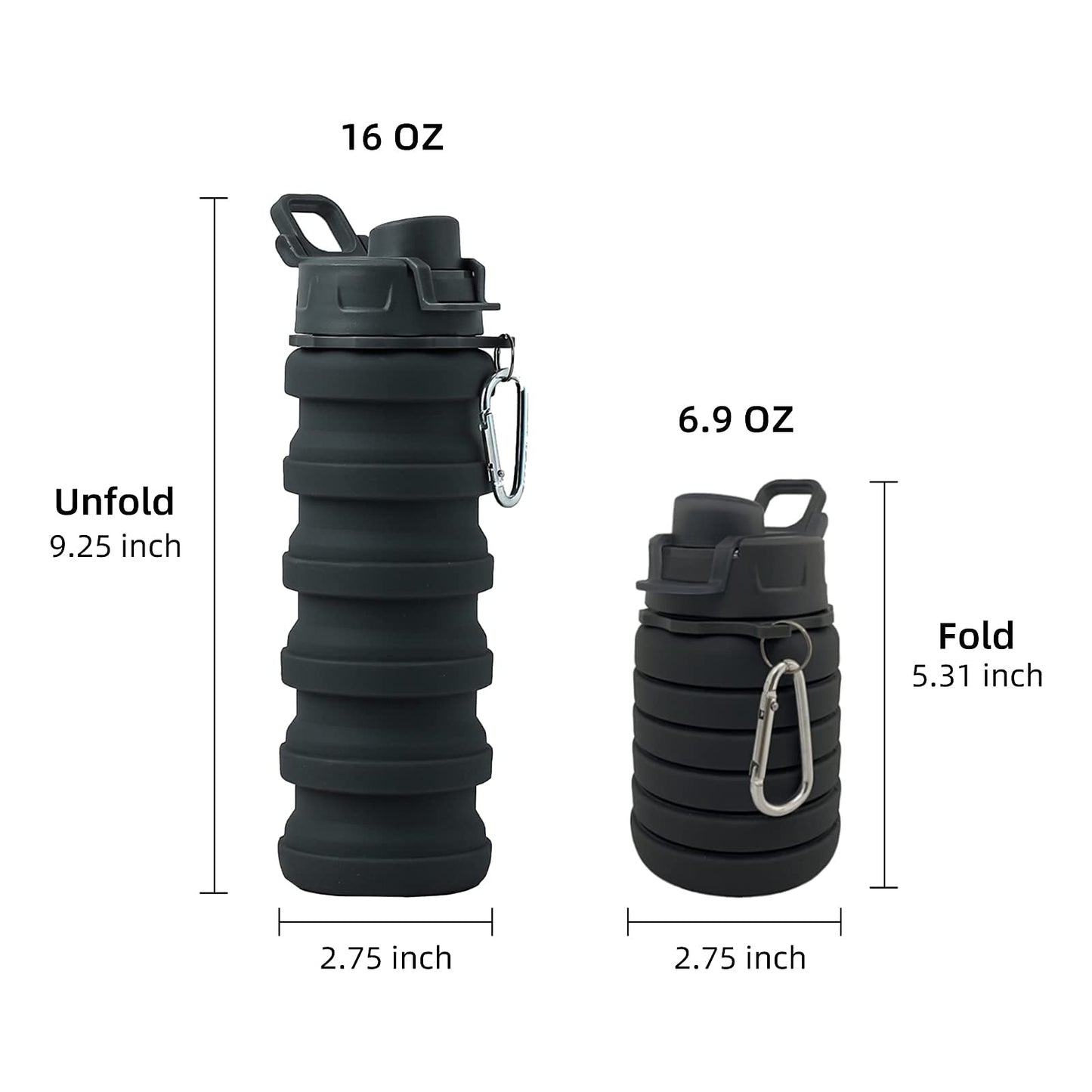 Collapsible Silicone Foldable Water Cup - 16oz BPA Free Reusable Water Bottle - Hiking Travel Sports Kids - Gray