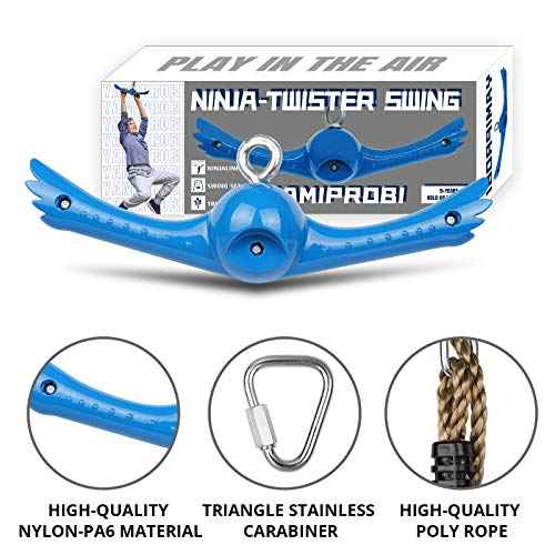 Ninja-Twister Swing Spins Set: Slackline Attachments - 360¡Æ Handle Twist-Spin Flips Toy Activate Ninja Powers Warrior Accessories Kids Hang Toys for Playground Backyard Blue