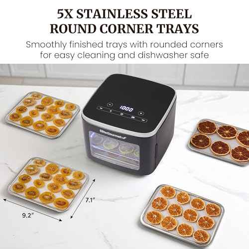 Elite Gourmet EFD809D Food Dehydrator with 5 Stainless Steel Trays, Adjustable Temp & Time + Keep Warm, Includes Interior Light, Fruit Roll Tray and Recipe Booklet, Black