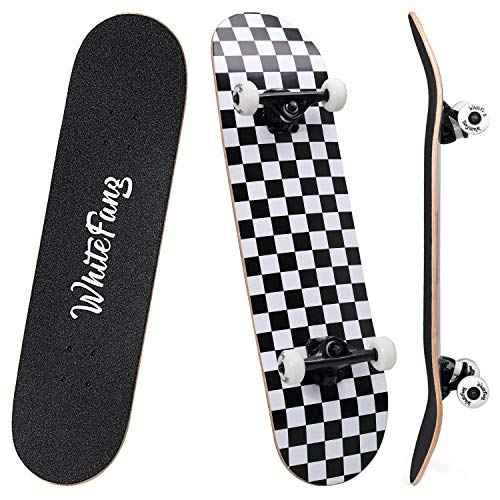 WhiteFang Skateboards for Beginners, Complete Skateboard 31 x 7.88, 7 Layer Canadian Maple Double Kick Concave Standard and Tricks Skateboards for Kids and Beginners
