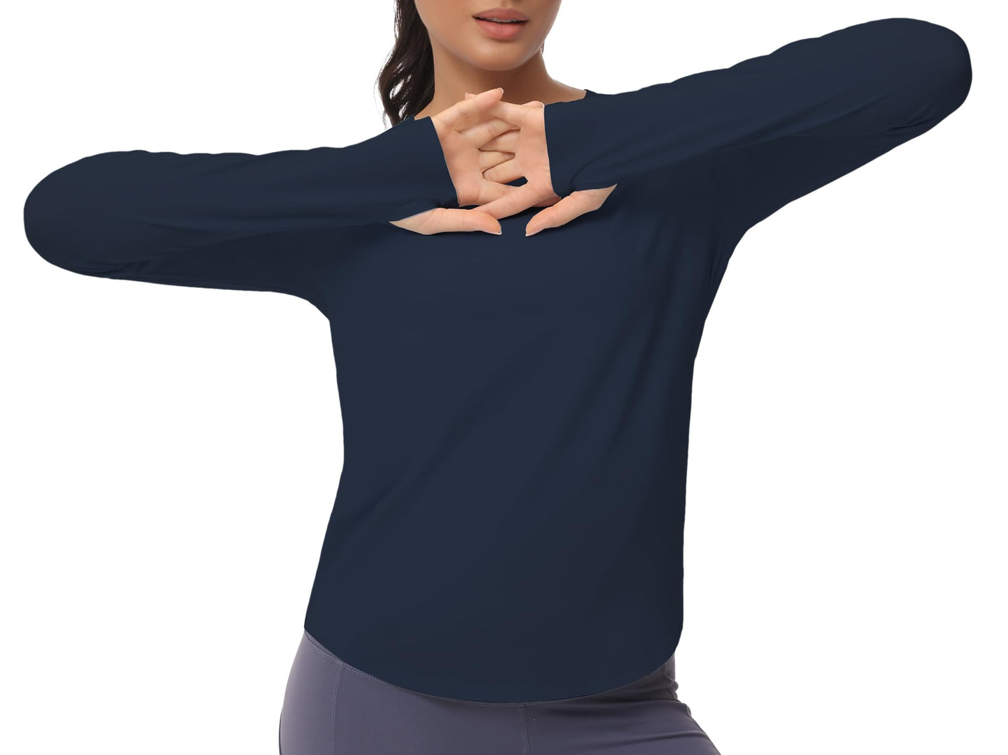 THE GYM PEOPLE Women's Long Sleeve Workout Shirts Athletic Crewneck Hiking Tops with Thumb Hole Navy Blue