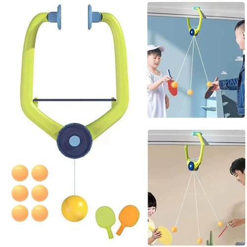 SquEqu Hanging Table Tennis Trainer with Doorway Clip Ping Pong Paddles Rackets and 6 Balls Table Tennis Training Set No Table Game for Kids Indoor Sports Door Frames Attachement Hit Shot Practice