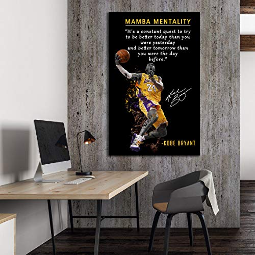 Kobe Bryant Mamba Mentality Quote Wall Art - 24 x 16 Inch Canvas Poster for Home Gym Office