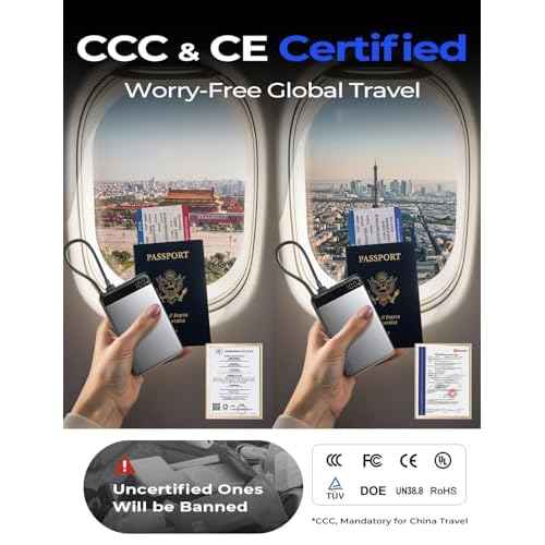 LISEN 0.5" Ultra Slim Premium Travel Power Bank [10,000mAh 22.5W] CCC Certified Power Bank Airplane Gadgets, International Travel Essentials for Flying, Portable Charger with Built in USB C Cable