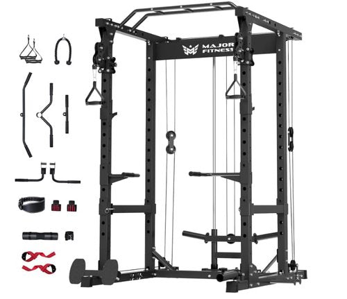 Power Rack | 5-in-1 Power Cage with Adjustable J-Hooks, Cable Machine & Pull-Up Bar | Home and Garage Gym Equipment for Strength Training (Black, BK Power Cage)