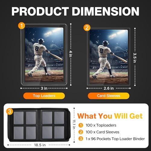 Black Card Sleeves and Top Loaders Set for Trading Cards - 3x4 Inches, 200 pcs Including Binder