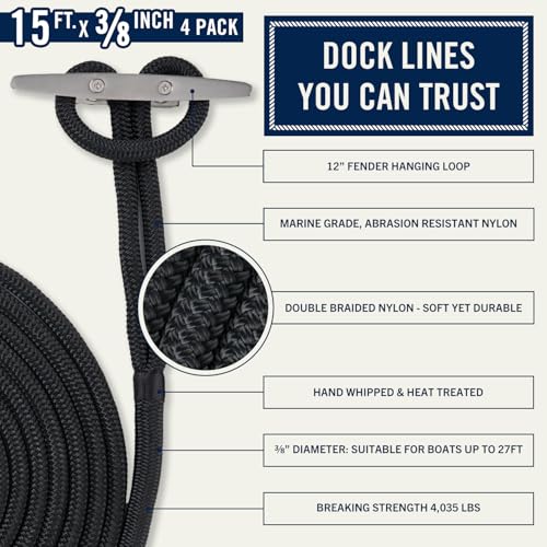RainierSupplyCo 15' x 3/8 Inch Double Braided Nylon Dock Lines 4-Pack with Loops - Black