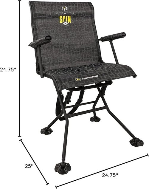 Hawk Stealth Spin Chair - Silent, Comfortable, Swiveling, Portable Chair for Camping, Hunting, Fishing, Backpacking, and More (Bone Collector Edition) , Black, 25"D x 24.75"W x 24.75"H