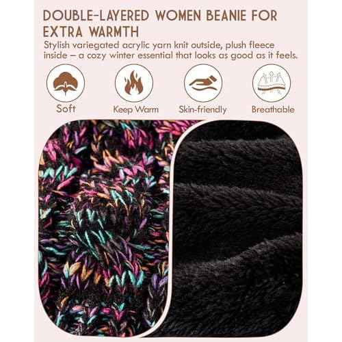Winuesa Winter Hats for Women with Pom Pom, Womens Beanie Fleece Lined for Cold Weather, Multicolor Ski Skull Cap for Ladies