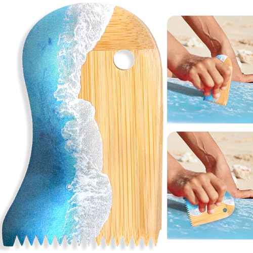 Surfboard Wax Comb Bamboo Surfboard Wax Scraper Surfboard Wax Removal Tool Surf Wax Comb with Hole Surfboard Accessories for Surfing Board Men Women Surfer Gift Ocean Wave Pattern