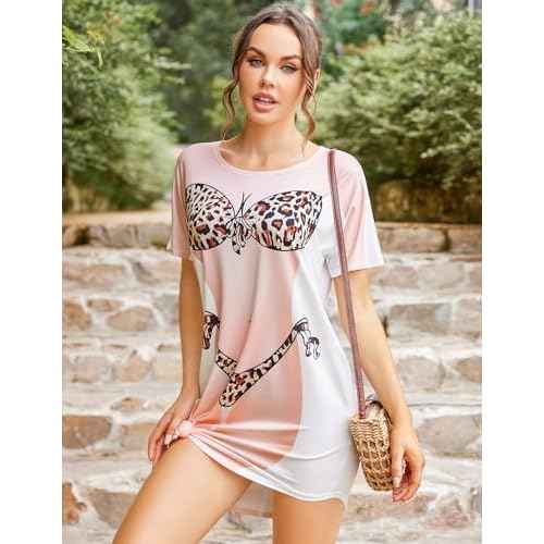 Ekouaer Women's Bikini Shirt Cover Up Short Sleeve Cute Bikini Print Cover-Up Baggy T Shirt Dress Fun Wear