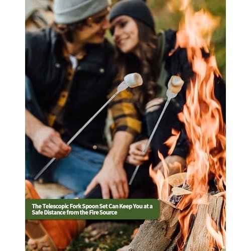 2 PCS Extendable Fork Spoon Set, Telescopic Stainless Steel Fork Spoon, Extendable 25.3 In, BBQ Dinner Fruit Dessert, Camping Flatware