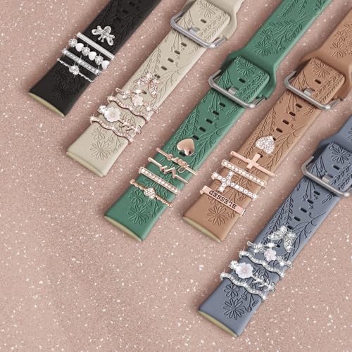 Green Sport Silicone Fitbit Versa 3/4 & Sense Charms Band with Cute Rings - Women