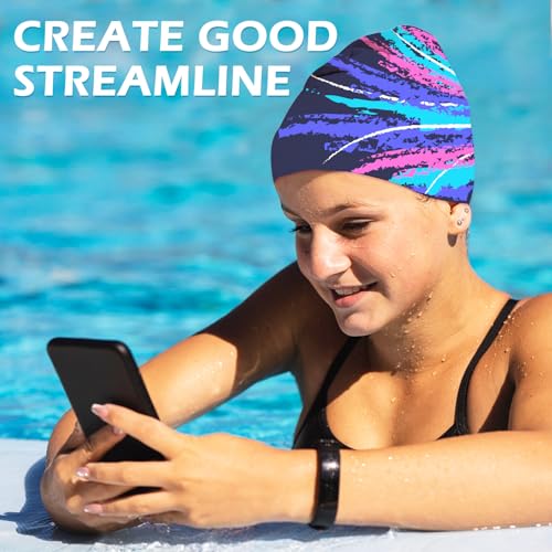 Women's Silicone Waterproof Swim Cap - Blue Graffiti - Long Hair Friendly