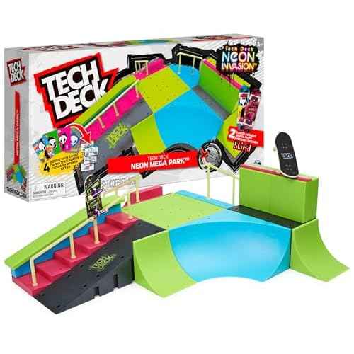 Tech Deck, Neon Mega Park X-Connect Creator, Customizable Glow-in-The-Dark Ramp Set with 2 Blind Skateboard Fingerboards, 90+ Pieces, Gift for Ages 6+
