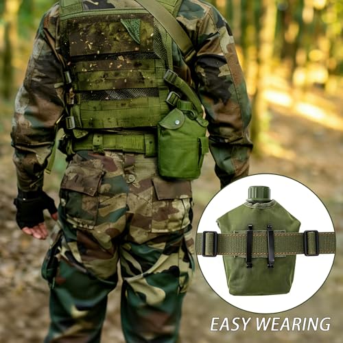 Green Military Canteen Set with Aluminum Cup and Tactical Spork - 1 Quart Water Bottle for Camping Hiking