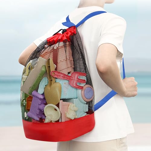 Mesh Beach Bag Drawstring Beach Backpack Foldable Toy Organizer Pouch Shell Basketball Mesh Backpack Large Capacity Swim Bag (Red)