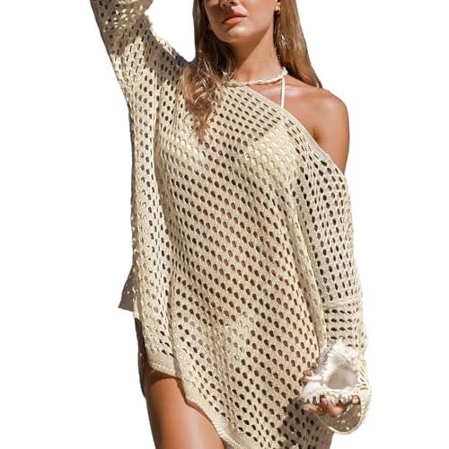 CUPSHE Women's Crochet Cover Up Cutout Drop Shoulder Long Sleeves Pullover Beachwear Bathing Suit 2025