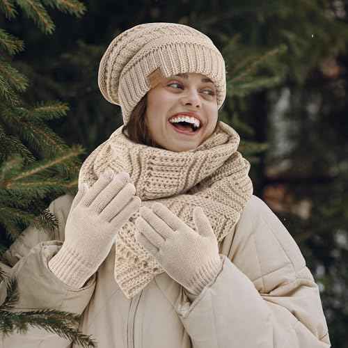 Women's Beanie Hat Gloves Set, Fleece Lined Winter Hat with Touchscreen Gloves for Cold Weather