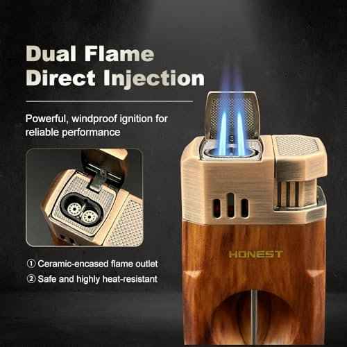 All-in-One Windproof Outdoor Lighter with Dual Jet Flame Built-in Cutter, Butane Refillable and Flames Adjustable, Visible Gas Tank, Portable for Travel, Candle Lovers, Box Included