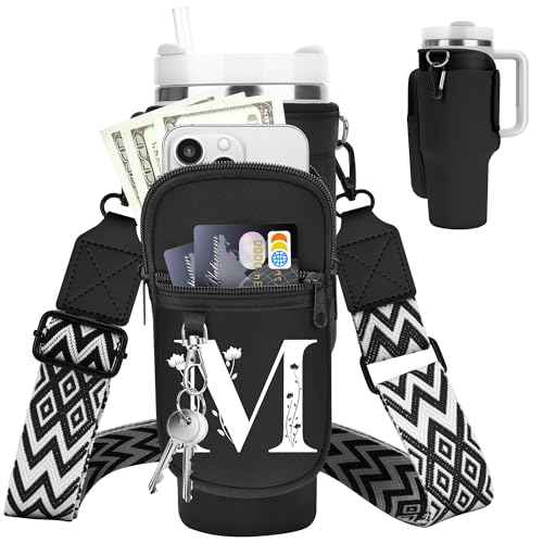 LOKASS Initial Water Bottle Holder with Strap for Stanley Cup 40 oz Tumbler, Personalized A-Z, Water Bottle Carrier Bag with Phone Pocket & Carabiner for Stanley Cup Accessories