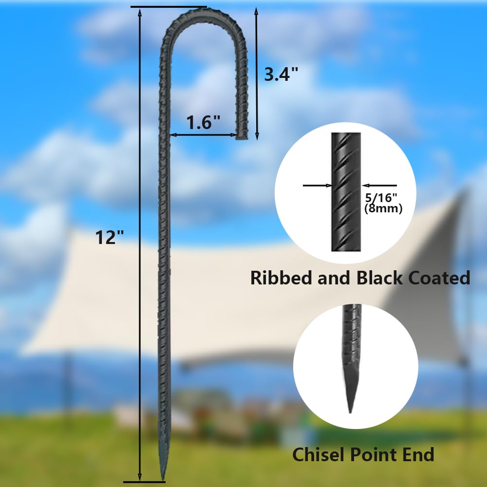 12 Inch Rebar Stakes J Hook Ground Stakes,16-Pack Fence Stakes Metal Tent Stakes for Tents, Position Kits,Fences, and Trampolines (12" J Shape-Black)