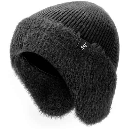 Winter Fleece-Lined Beanie with Earflaps,Warm Windproof Beanie Hat for Men & Women
