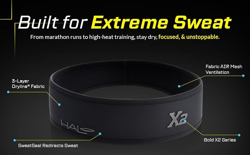 Halo X Series Sweatband 2" Wide L/XL - Extreme Sweat Control, 3-Layer Dryline, SweatSeal