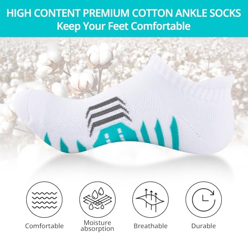 Ankle Socks Womens Athletic Cushioned Anti-Blister Running Cotton 6 Pairs - White Grey Black Variations Included