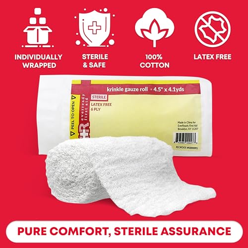 First Aid Gauze Roll 4.5 Inch x 4.1 Yards, Sterile, Latex-Free, 6-Ply, Individually Wrapped - 24 Count