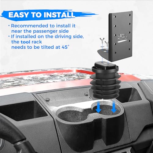 KEMIMOTO UTV Hunting Tool Holder Rack, Tool Holder Compatible with Polaris Ranger and General, Mount on The Dash Cup Holder or Cargo Bed, Shovel Mount Bow Rack