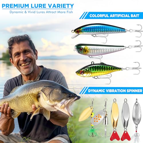 PLUSINNO Fishing Lures, 137Pcs Tackle Box with Tackle Included, Crankbaits, Spoon, Hooks, Weights & Other Accessories, Fishing Bait Lure Gear Kit Gift for Men Bass Freshwater