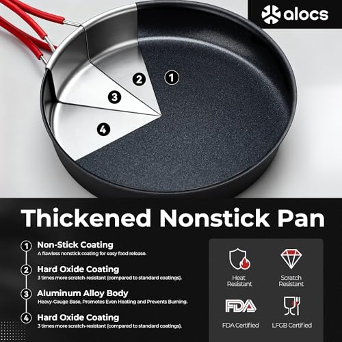 Camping Cookware Set 2.2L + 1.2L + 1L Pots and 19.1cm Non-Stick Pan - Lightweight & Portable